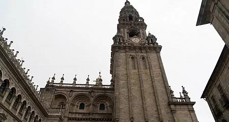  Detail of one of the towers of the Santiago de Compostela Cathedral seen from below_335