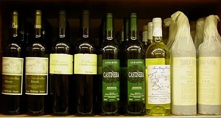 Galician wine bottles displayed on a shelf._202